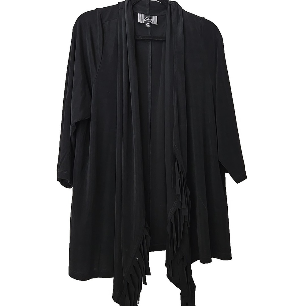 Slinky Brand Cardigan Womens 3X Open Front Black Fringed Travel Western Office